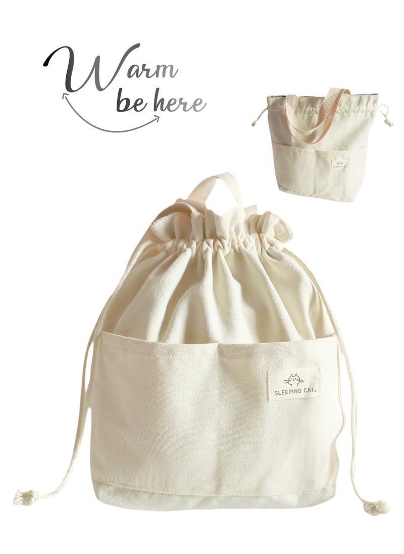 Generic - Thermal Insulated Canvas Lunch Box Bag for Men Ladies Kids with Strap Handles,Office Lunch Bag,White,Wide Open Easy to Clean,Double-layer Insulated Large Size, Waterproof,Oilproof,Multi-pocket Easy to Separate Lunch Boxes,Fruit,Tableware,Drinks, for Office Work School Picnics Travel 32X28X11cm(13X11X4inch) - Image 1