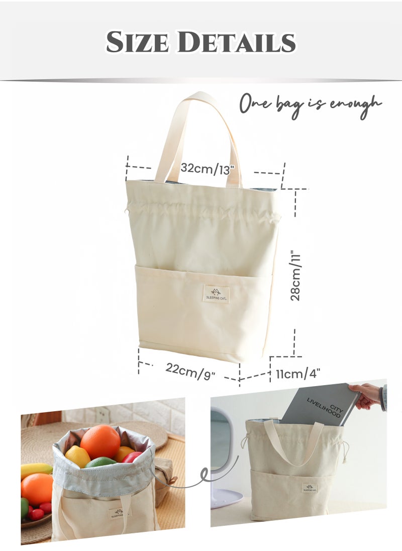 Generic - Thermal Insulated Canvas Lunch Box Bag for Men Ladies Kids with Strap Handles,Office Lunch Bag,White,Wide Open Easy to Clean,Double-layer Insulated Large Size, Waterproof,Oilproof,Multi-pocket Easy to Separate Lunch Boxes,Fruit,Tableware,Drinks, for Office Work School Picnics Travel 32X28X11cm(13X11X4inch) - Image 1