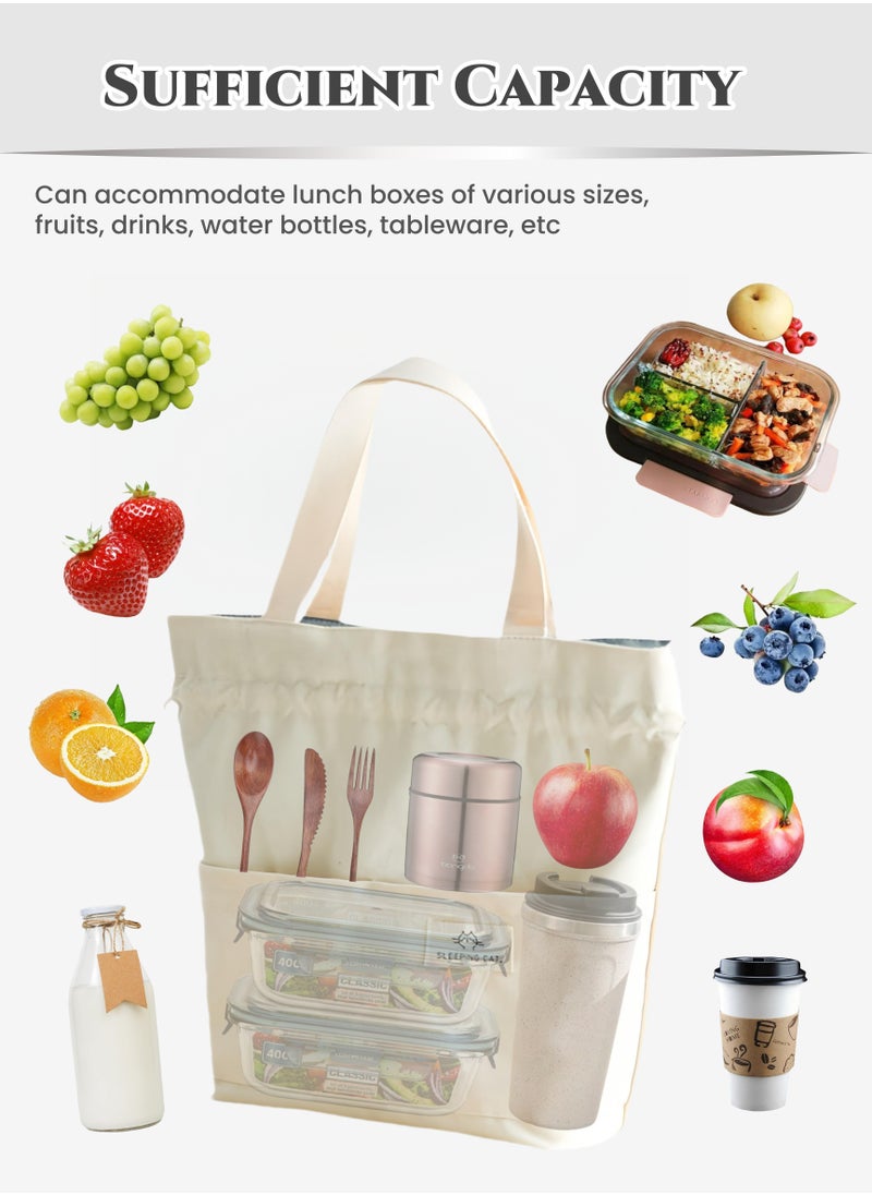 Generic - Thermal Insulated Canvas Lunch Box Bag for Men Ladies Kids with Strap Handles,Office Lunch Bag,White,Wide Open Easy to Clean,Double-layer Insulated Large Size, Waterproof,Oilproof,Multi-pocket Easy to Separate Lunch Boxes,Fruit,Tableware,Drinks, for Office Work School Picnics Travel 32X28X11cm(13X11X4inch) - Image 1