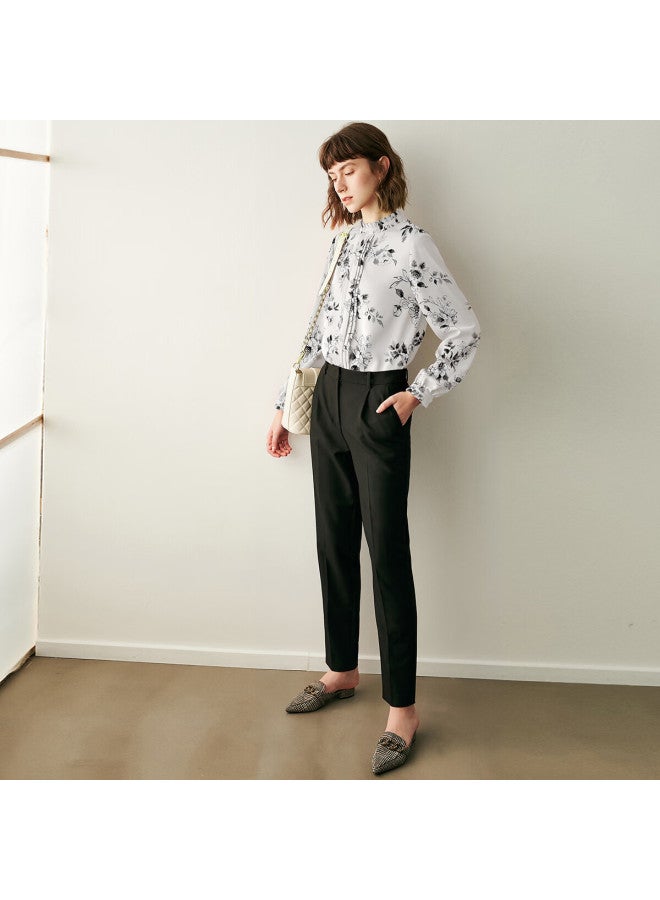 Yanyee Elegant Printed Women's Shirt Autumn Temperament Commuter Long Sleeve Stand Collar Blouse White Floral Xxl/44 - Image 1