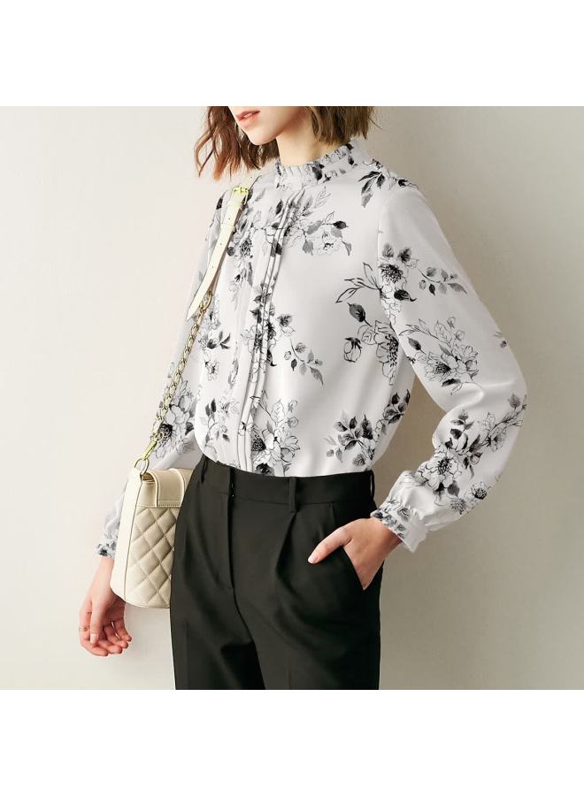 Yanyee Elegant Printed Women's Shirt Autumn Temperament Commuter Long Sleeve Stand Collar Blouse White Floral Xxl/44 - Image 2
