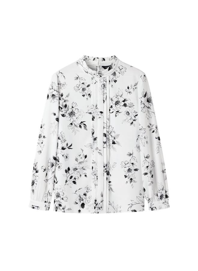 Yanyee Elegant Printed Women's Shirt Autumn Temperament Commuter Long Sleeve Stand Collar Blouse White Floral Xxl/44 - Image 3