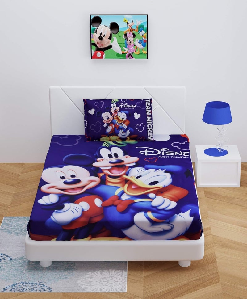 Kuber Industries Kuber Industries Disney Team Mickey Print Silk Special Long Crush Single Bedsheet with 1 Pillow Cover (Royal Blue)-KUBMART010144  - Image 1