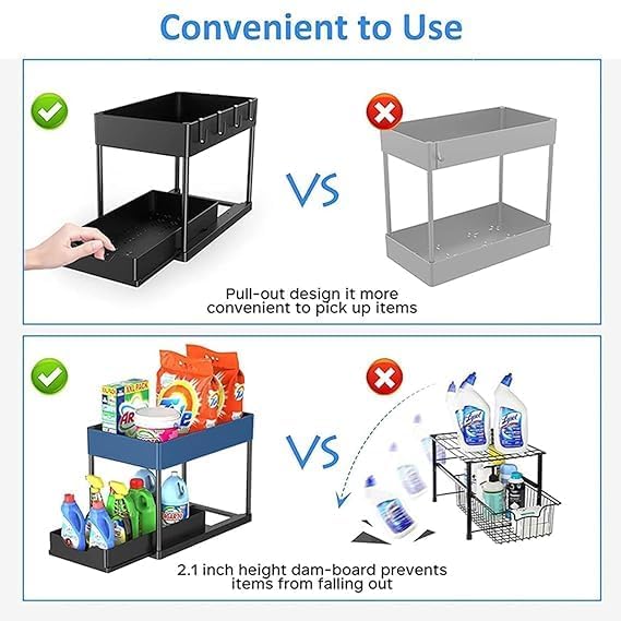 MVM Enterprise 2 tier sliding rack kitchen storage use for home kitchen 2 Tier Under Sliding Cabinet Basket Organizer Drawer with 4 Hooks MultiPurpose Bath Collection Basket Shelf Storage Rack1 pcs - Image 3