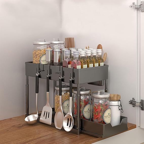 MVM Enterprise 2 tier sliding rack kitchen storage use for home kitchen 2 Tier Under Sliding Cabinet Basket Organizer Drawer with 4 Hooks MultiPurpose Bath Collection Basket Shelf Storage Rack1 pcs - Image 5