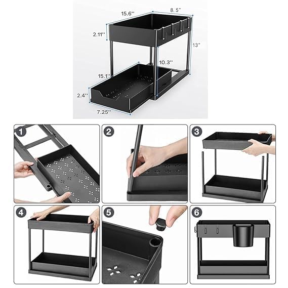 MVM Enterprise 2 tier sliding rack kitchen storage use for home kitchen 2 Tier Under Sliding Cabinet Basket Organizer Drawer with 4 Hooks MultiPurpose Bath Collection Basket Shelf Storage Rack1 pcs - Image 4