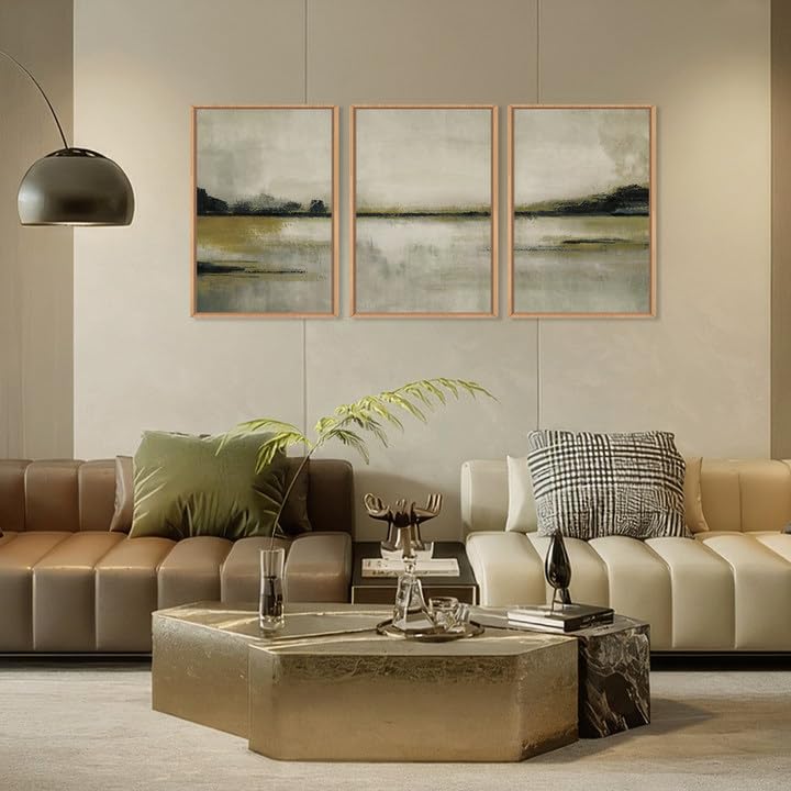 KAIRNE Abstract Mountain Lake Wall Art Set, 3 piece Textured Canvas Wall Decor, Framed Nordic Neutral Tan Painting, Nature Landscape Art Print for Bedroom, Living Room, Office - 24"x36"x3 - Image 2