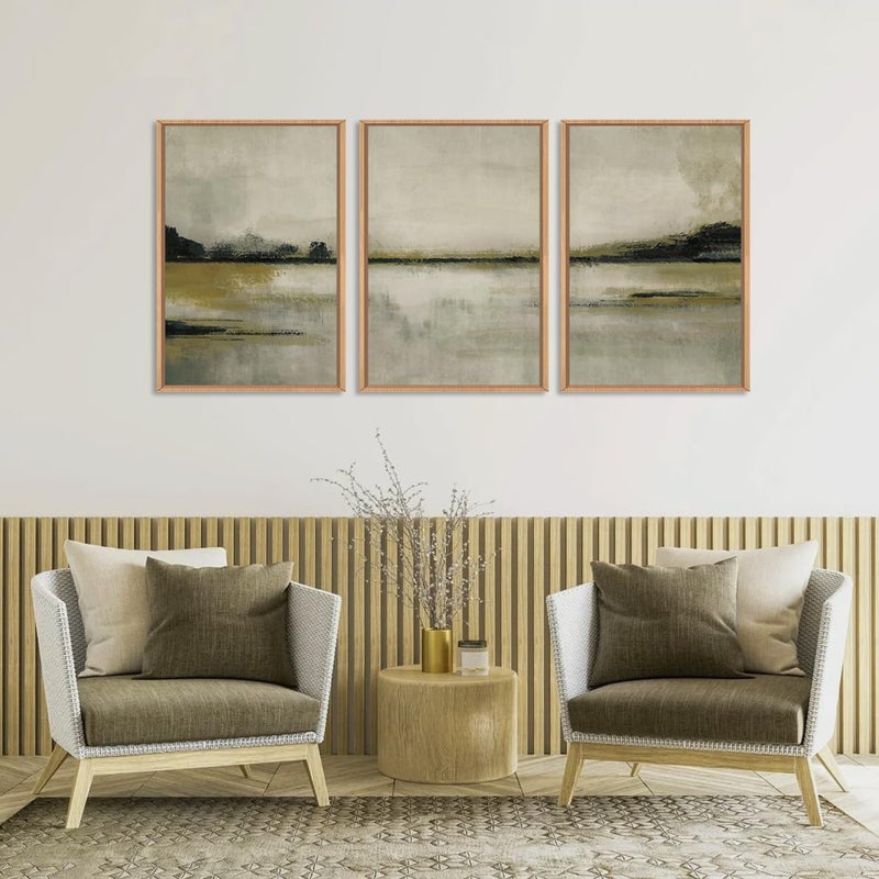 KAIRNE Abstract Mountain Lake Wall Art Set, 3 piece Textured Canvas Wall Decor, Framed Nordic Neutral Tan Painting, Nature Landscape Art Print for Bedroom, Living Room, Office - 24"x36"x3 - Image 4