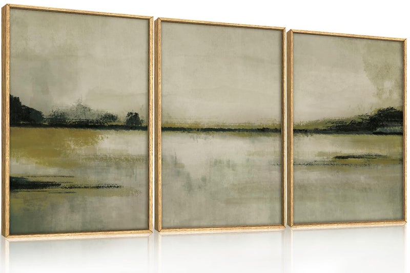 KAIRNE Abstract Mountain Lake Wall Art Set, 3 piece Textured Canvas Wall Decor, Framed Nordic Neutral Tan Painting, Nature Landscape Art Print for Bedroom, Living Room, Office - 24"x36"x3 - Image 1