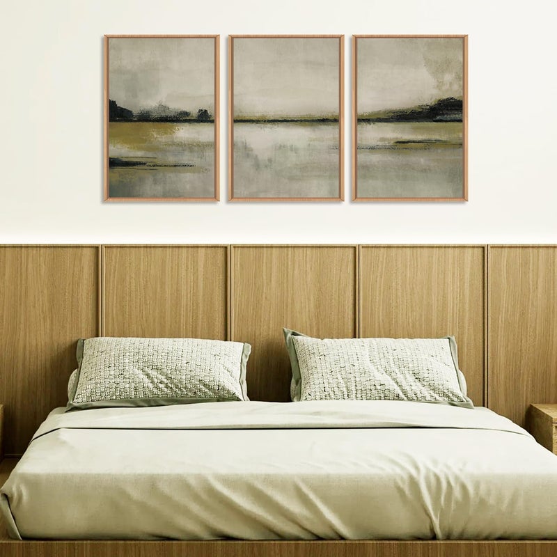 KAIRNE Abstract Mountain Lake Wall Art Set, 3 piece Textured Canvas Wall Decor, Framed Nordic Neutral Tan Painting, Nature Landscape Art Print for Bedroom, Living Room, Office - 24"x36"x3 - Image 3
