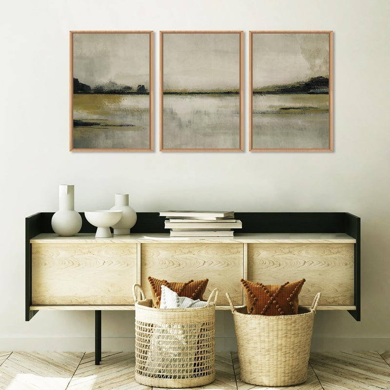 KAIRNE Abstract Mountain Lake Wall Art Set, 3 piece Textured Canvas Wall Decor, Framed Nordic Neutral Tan Painting, Nature Landscape Art Print for Bedroom, Living Room, Office - 24"x36"x3 - Image 5