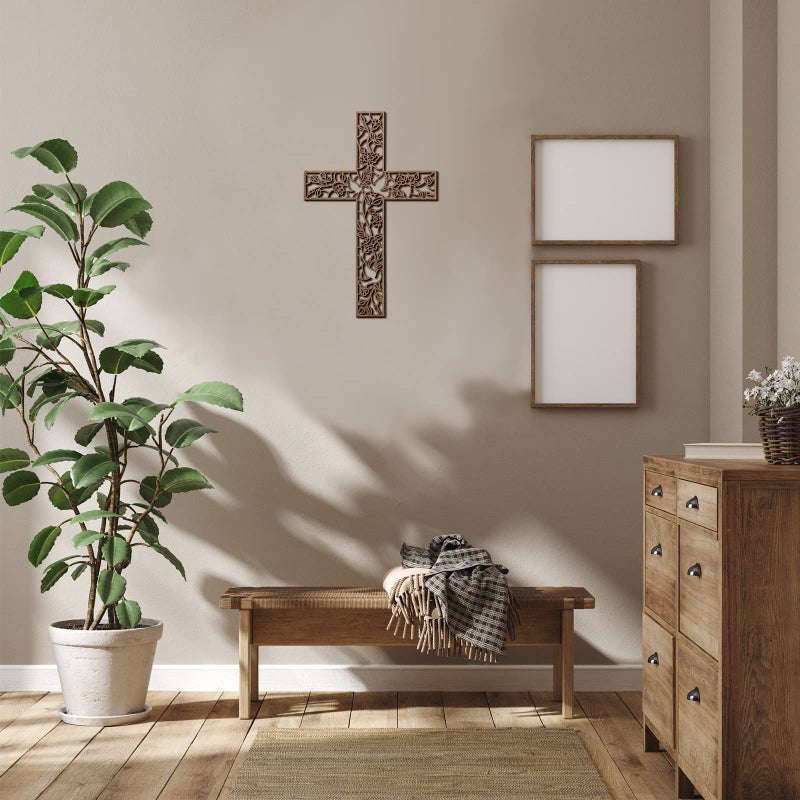 Yookeer Wooden Wall Hanging Cross Flower Pigeon Religious Home Living Room Decor Rustic Wooden Wall Cross Decoration for Home - Image 5