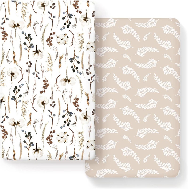 GRSSDER Stretch Ultra Soft Jersey Knit Fitted Crib Sheets Set 2 Pack, Fits All Standard Crib Mattress Pads Safe and Snug, Crib Fitted Sheet for Baby, Stylish Pretty Flora for Baby, Beige - Image 1