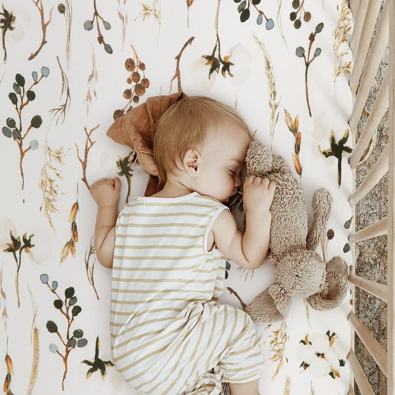 GRSSDER Stretch Ultra Soft Jersey Knit Fitted Crib Sheets Set 2 Pack, Fits All Standard Crib Mattress Pads Safe and Snug, Crib Fitted Sheet for Baby, Stylish Pretty Flora for Baby, Beige - Image 3