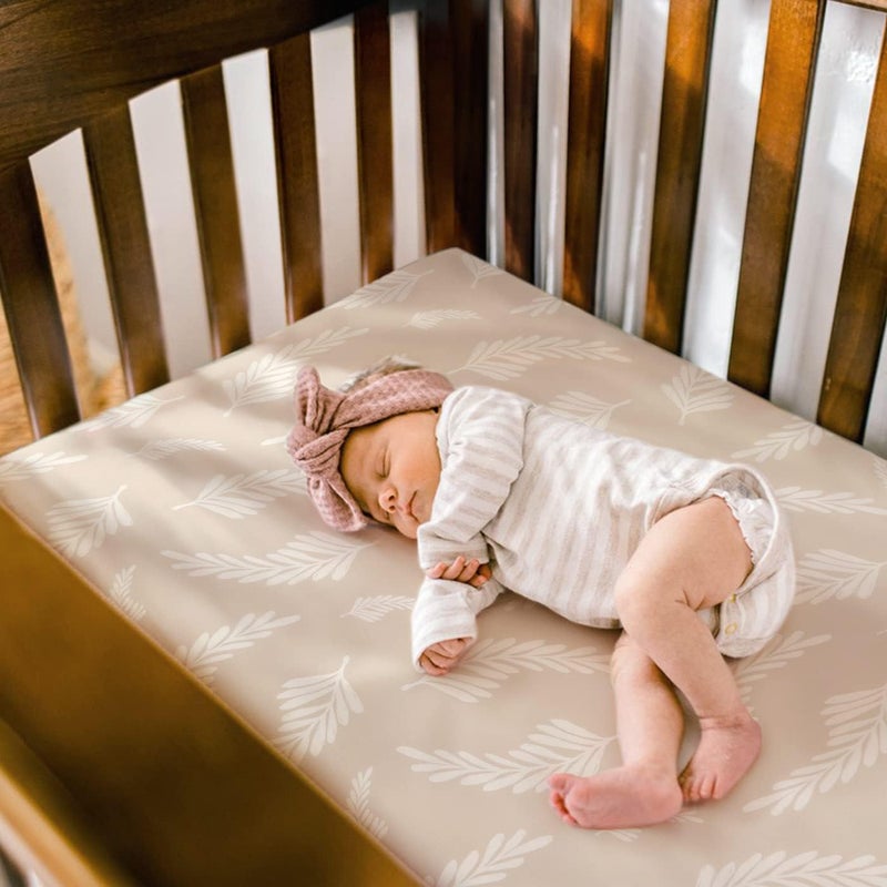 GRSSDER Stretch Ultra Soft Jersey Knit Fitted Crib Sheets Set 2 Pack, Fits All Standard Crib Mattress Pads Safe and Snug, Crib Fitted Sheet for Baby, Stylish Pretty Flora for Baby, Beige - Image 5