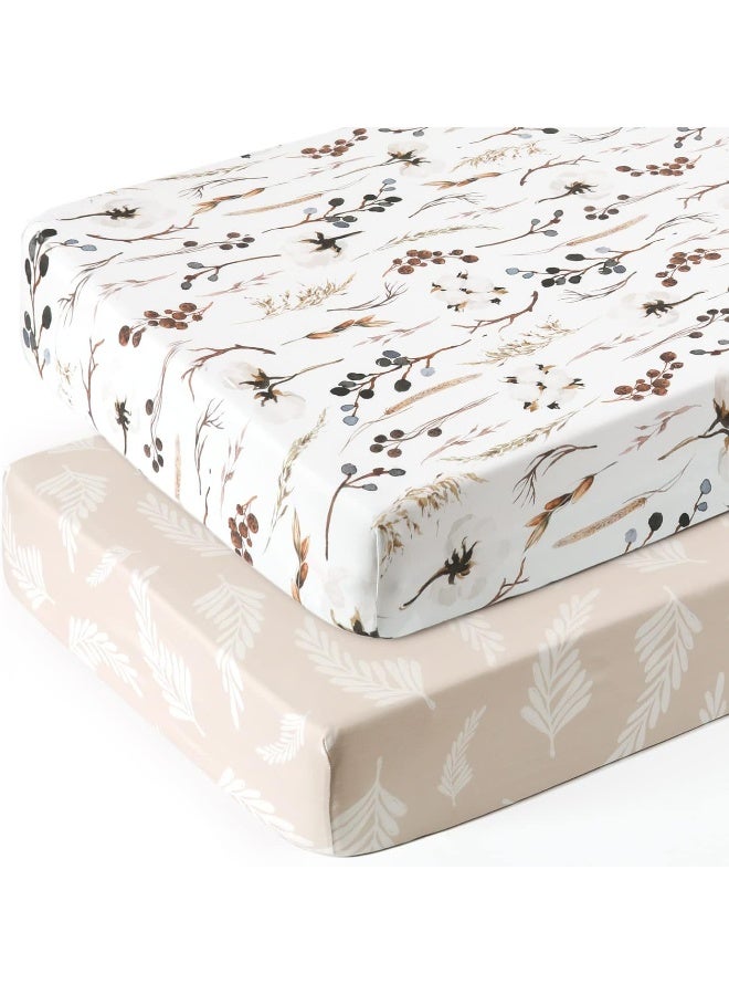 GRSSDER Stretch Ultra Soft Jersey Knit Fitted Crib Sheets Set 2 Pack, Fits All Standard Crib Mattress Pads Safe and Snug, Crib Fitted Sheet for Baby, Stylish Pretty Flora for Baby, Beige - Image 2