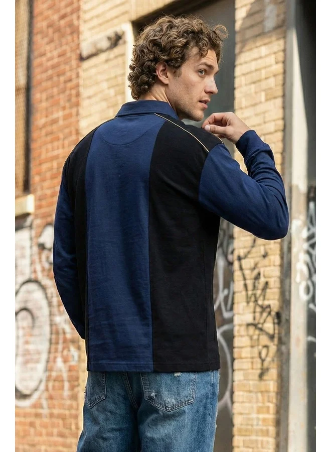 فيردو Veirdo® Loopknit Cotton Oversized Baggy Fit Drop Shoulder Full Sleeve Graphic Printed Polo T-Shirt for Men (PL_FS_EMB_NVY_BL_XXL)
