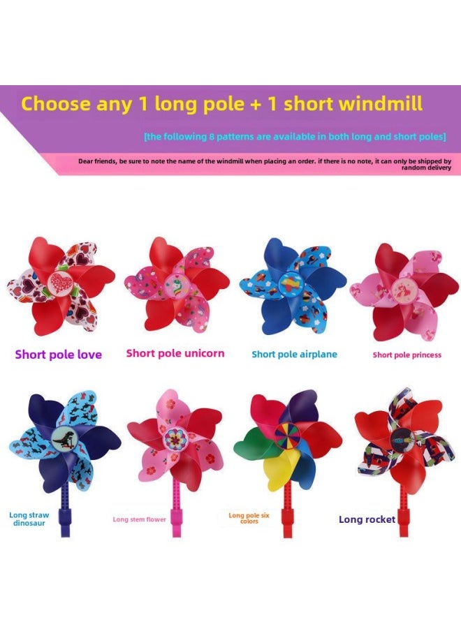 Small Windmill Children's Car Windmill Bicycle Cartoon Rotating Baby Stroller Scooter Front Decoration Accessories-Color:1 Long Pole + 1 Short Pole Windmill [style Message]  - Image 1