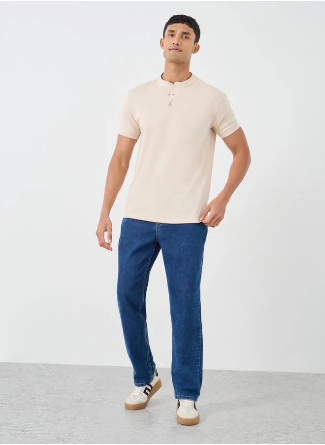 ستايلي Styli Pure Cotton Mandarin Collar Polo T-Shirt