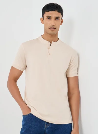 Styli Pure Cotton Jersey Mandarin Collar Polo T-Shirt