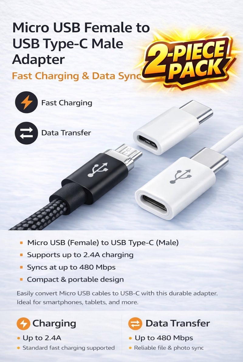 Micro USB to Type-C Fast Charging and Data Transfer Converter Connector for Android Phones, High-Speed USB-C Data Sync Adapter, Durable Portable Charging Converter, Universal Compatibility, 2-Pack Multi-Color - Image 1