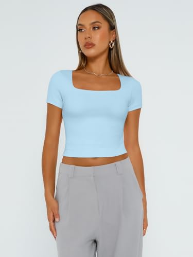 Trendy Queen Tshirts Shirts for Women Double Lined Going Out Crop Tops 2025 Spring Summer Workout Y2k Clothes Beach Fashion Babyblue M - Image 2