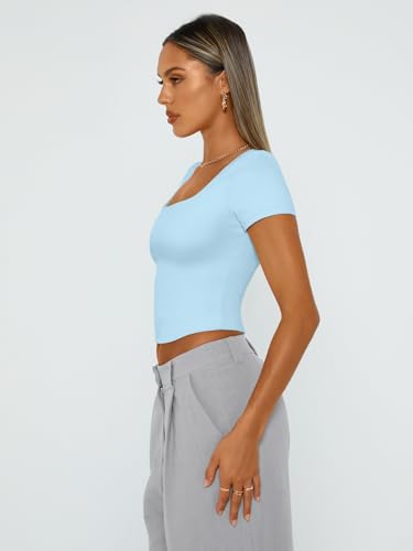 Trendy Queen Tshirts Shirts for Women Double Lined Going Out Crop Tops 2025 Spring Summer Workout Y2k Clothes Beach Fashion Babyblue M - Image 3