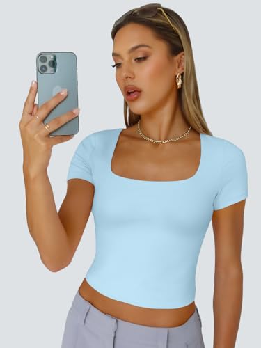 Trendy Queen Tshirts Shirts for Women Double Lined Going Out Crop Tops 2025 Spring Summer Workout Y2k Clothes Beach Fashion Babyblue M - Image 5