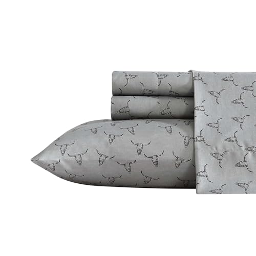 Wrangler King Size Sheet Set UltraSoft WrinkleResistant Bedding for Year Round Comfort Deep Pockets Bed Sheets with Matching Fitted Sheet Pillowcases Steer Skulls Grey - Image 1