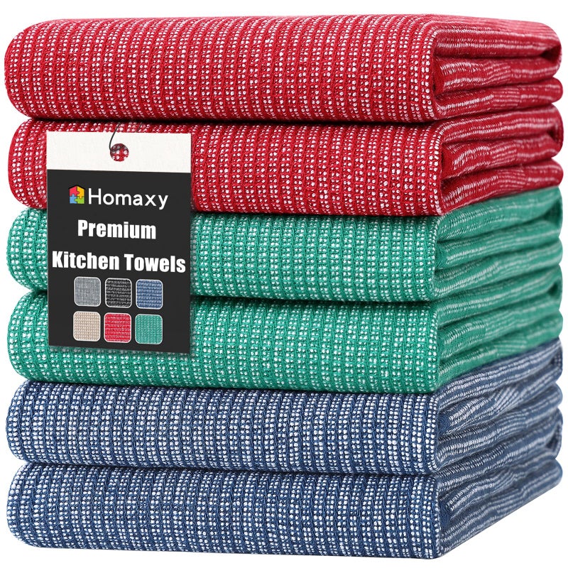 Homaxy Premium Kitchen Towels(18 x 28   6 Pack)  Large Cotton Kitchen Hand Towels  Flat and Terry Dish Towels  380 GSM Highly Absorbent Tea Towels Set with Hanging Loop  Navy Blue/Red/Green - Image 1