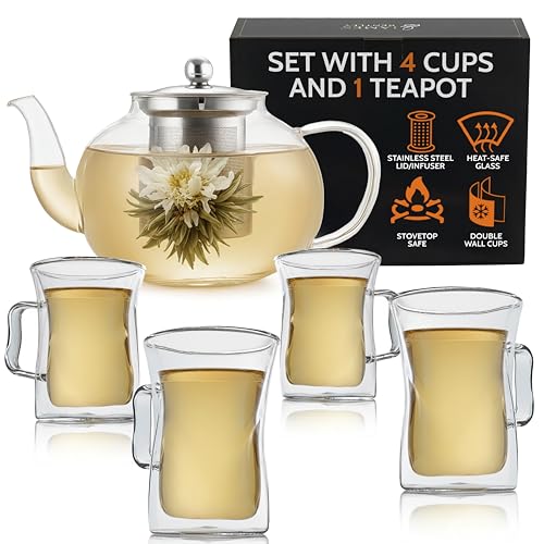 James Bentley Glass Coffee and Tea Set – Borosilicate Glass Teapot Set for Adults with 40oz Teapot & 4 Insulated Glasses, Stainless Steel Strainer for Bags and Loose Tea– Microwave, Dishwasher Safe - Image 1