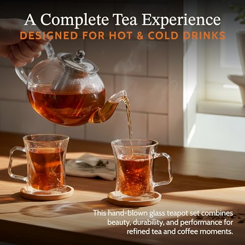 James Bentley Glass Coffee and Tea Set – Borosilicate Glass Teapot Set for Adults with 40oz Teapot & 4 Insulated Glasses, Stainless Steel Strainer for Bags and Loose Tea– Microwave, Dishwasher Safe - Image 2