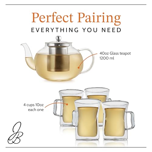 James Bentley Glass Coffee and Tea Set – Borosilicate Glass Teapot Set for Adults with 40oz Teapot & 4 Insulated Glasses, Stainless Steel Strainer for Bags and Loose Tea– Microwave, Dishwasher Safe - Image 3
