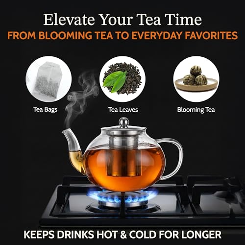 James Bentley Glass Coffee and Tea Set – Borosilicate Glass Teapot Set for Adults with 40oz Teapot & 4 Insulated Glasses, Stainless Steel Strainer for Bags and Loose Tea– Microwave, Dishwasher Safe - Image 4