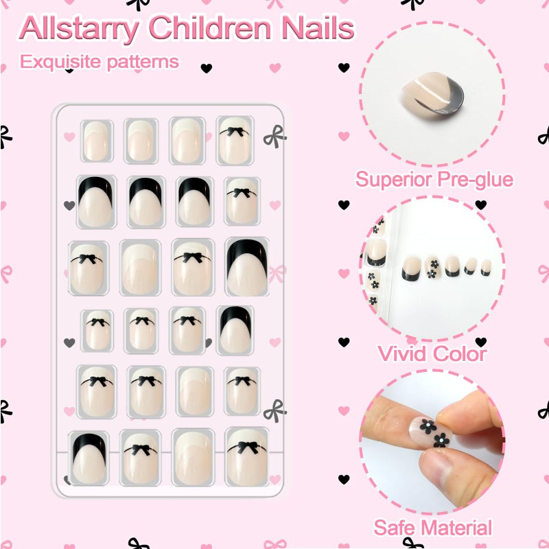 Allstarry 72pcs 3 pack Children Nails Press on Pre-glue Full Cover Kids French Tip Press on Nails Short False Nail Kits Lovely Gift for Children Little Girls Nail Art Decoration - Romantic French - Image 2