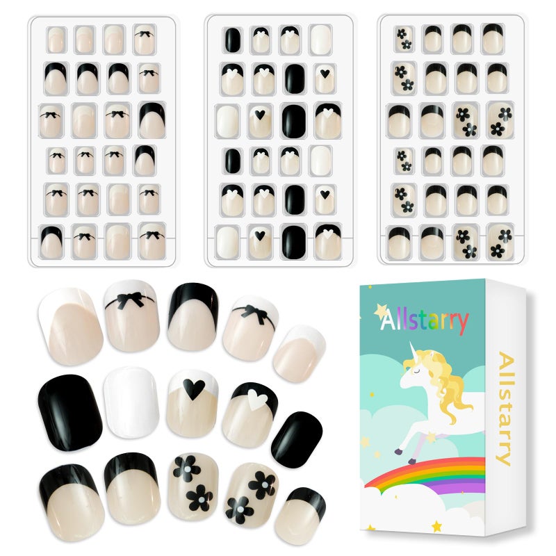 Allstarry 72pcs 3 pack Children Nails Press on Pre-glue Full Cover Kids French Tip Press on Nails Short False Nail Kits Lovely Gift for Children Little Girls Nail Art Decoration - Romantic French - Image 1