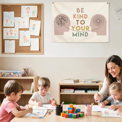FYSIA Classroom Wall Banner DecorTeacher GiftInspirational Mental Health Wall FlagBack to SchoolBe Kind To Your MindPositive Rectangular Hanging Canvas Sign for Teacher Office Reading Corner - Image 3