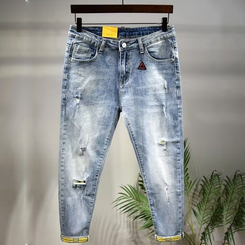 Trendy Brand Elastic Slim Hole Casual Denim Cropped Pants Summer Men'S Pencil Pants Social Boys - Image 2