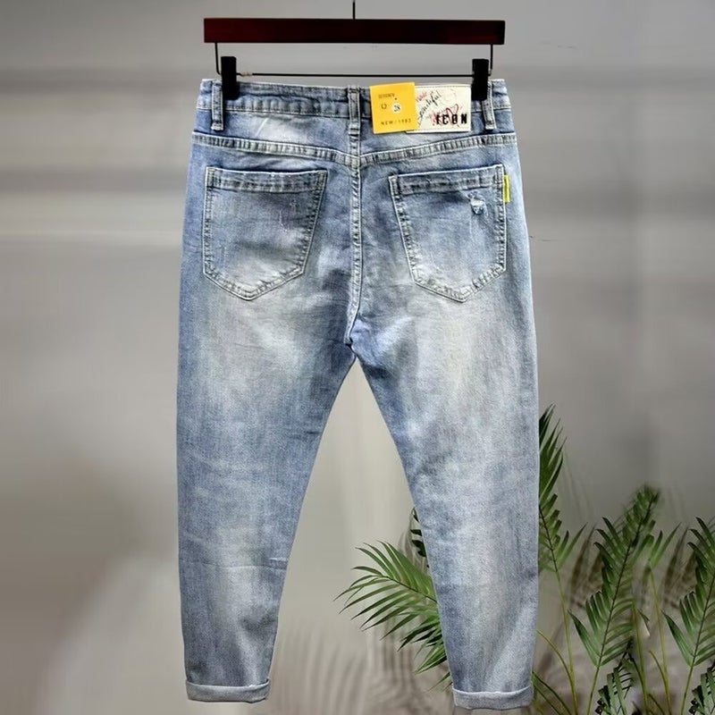 Trendy Brand Elastic Slim Hole Casual Denim Cropped Pants Summer Men'S Pencil Pants Social Boys - Image 3