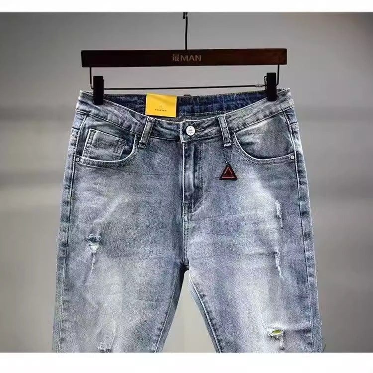 Trendy Brand Elastic Slim Hole Casual Denim Cropped Pants Summer Men'S Pencil Pants Social Boys - Image 5