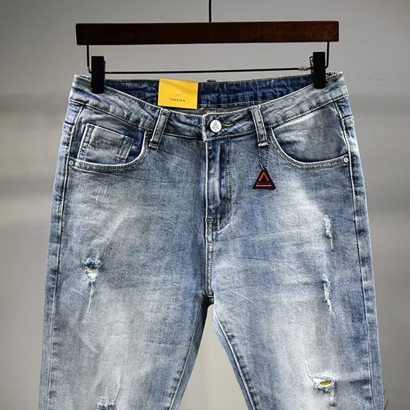 Trendy Brand Elastic Slim Hole Casual Denim Cropped Pants Summer Men'S Pencil Pants Social Boys - Image 4