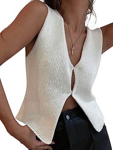 Fernvia Women Y2k Crochet Vest Top Vintage Solid Color V Neck Sleeveless Button Down Crop Tops Streetwear (A White, L) - Image 5