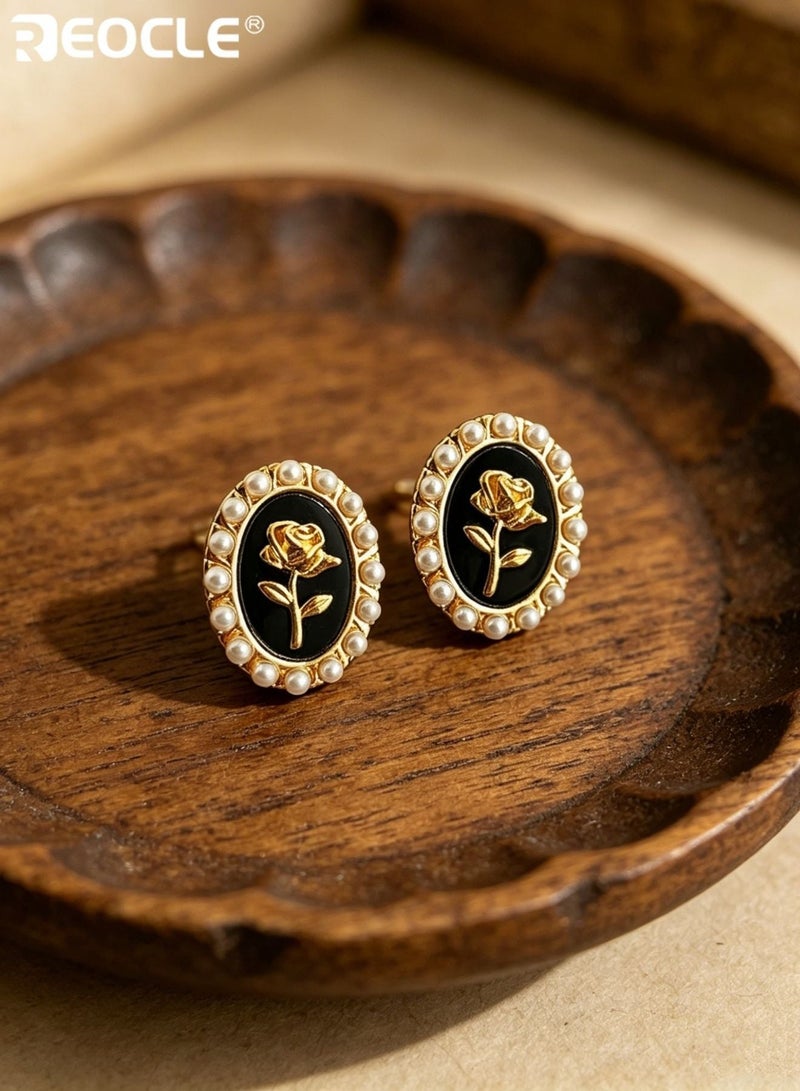 REOCLE Women's Oval Rose Motif Earrings Renaissance-Inspired Stud Earrings Central Floral Accent & Pearl-Trimmed Frame Retro-Chic Statement Earrings for Daily Wear & Vintage-Era Styling - Image 1