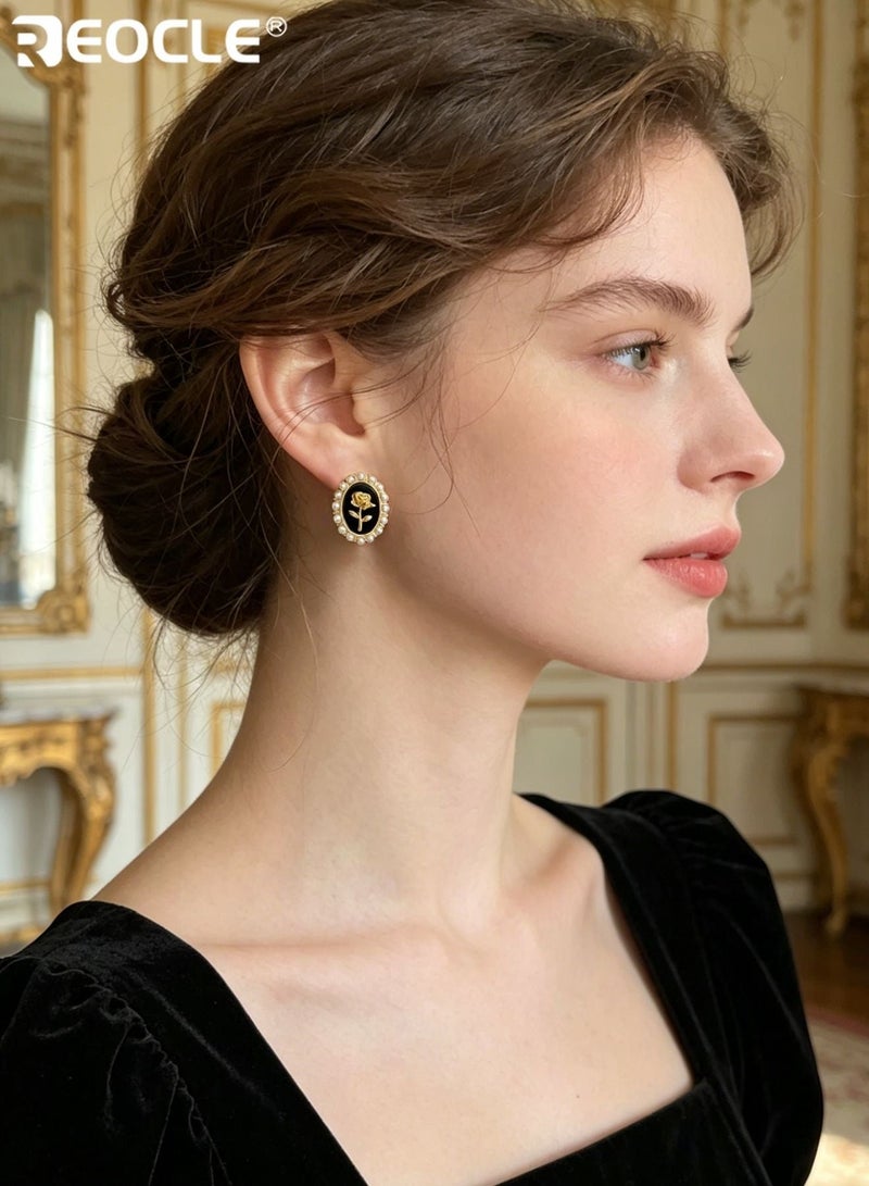 REOCLE Women's Oval Rose Motif Earrings Renaissance-Inspired Stud Earrings Central Floral Accent & Pearl-Trimmed Frame Retro-Chic Statement Earrings for Daily Wear & Vintage-Era Styling - Image 5