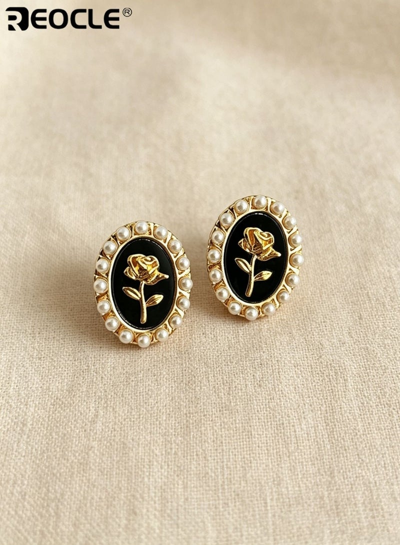 REOCLE Women's Oval Rose Motif Earrings Renaissance-Inspired Stud Earrings Central Floral Accent & Pearl-Trimmed Frame Retro-Chic Statement Earrings for Daily Wear & Vintage-Era Styling - Image 4