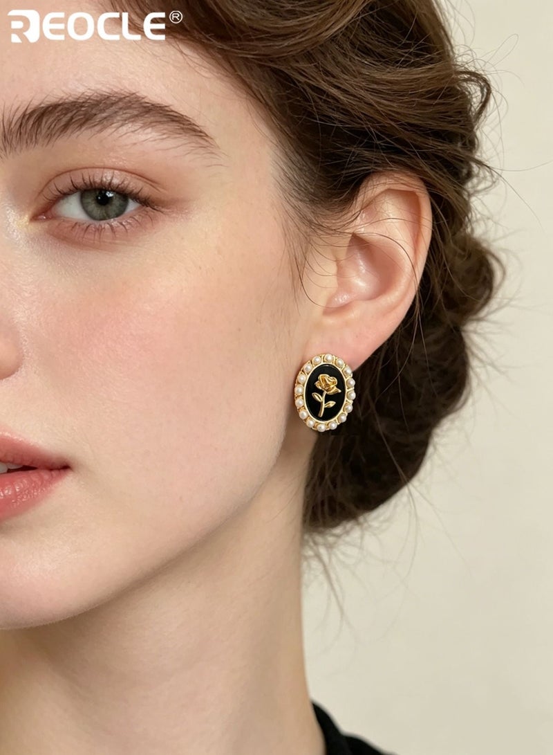 REOCLE Women's Oval Rose Motif Earrings Renaissance-Inspired Stud Earrings Central Floral Accent & Pearl-Trimmed Frame Retro-Chic Statement Earrings for Daily Wear & Vintage-Era Styling - Image 2