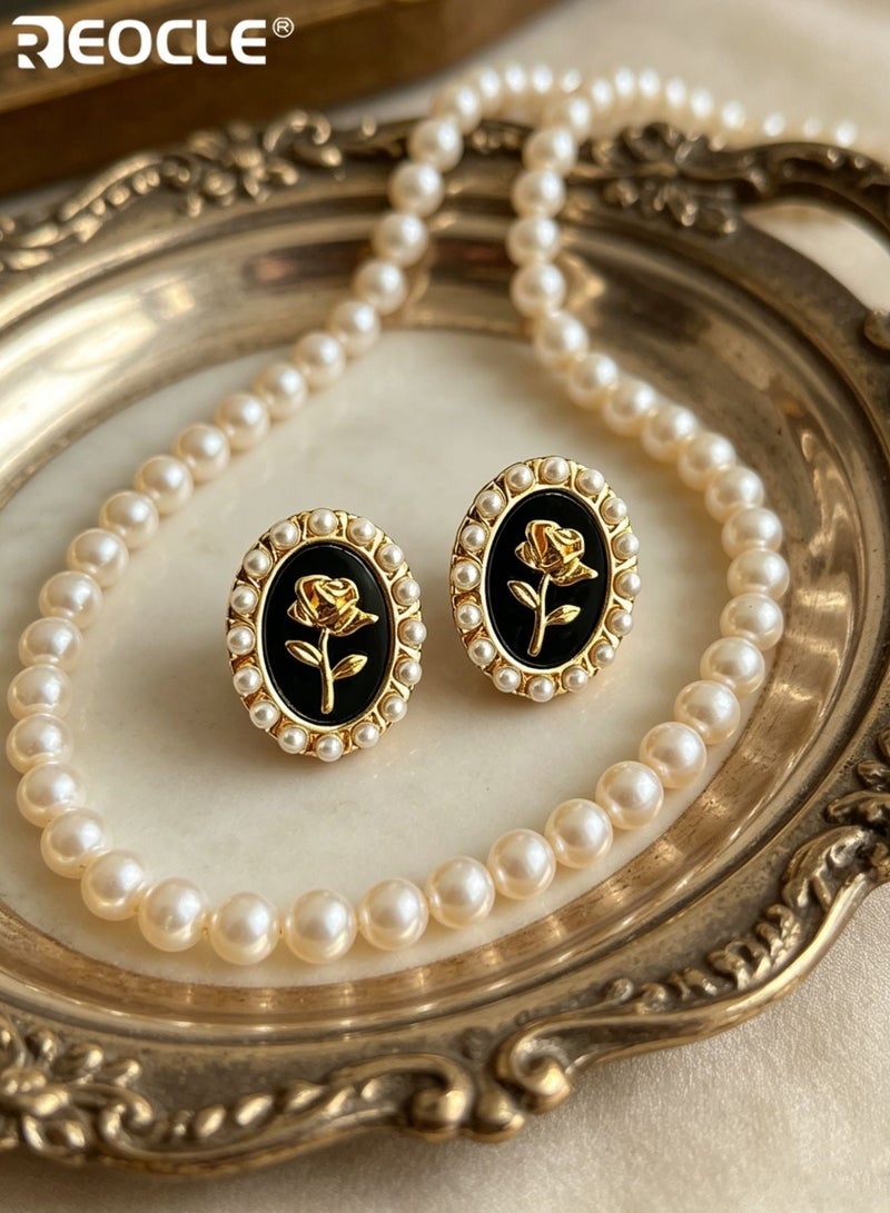 REOCLE Women's Oval Rose Motif Earrings Renaissance-Inspired Stud Earrings Central Floral Accent & Pearl-Trimmed Frame Retro-Chic Statement Earrings for Daily Wear & Vintage-Era Styling - Image 3