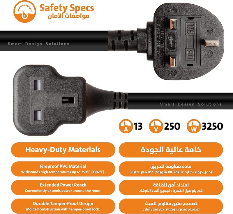 1 Way Extension Lead, Long &Thick Electric Cable, Industrial Black Power Strip for Lengthen Power to Outdoor Garden/Indoor Utility Room/Workshop, 13A 3250W (2m-2plugs) - Image 2
