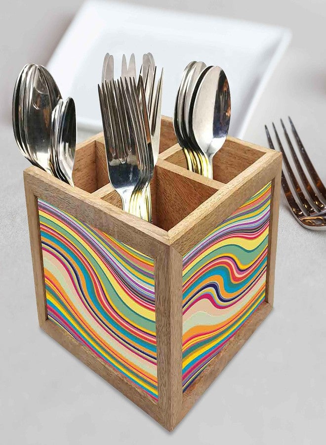 Nutcase Wooden Cutlery Stand Holder Silverware Caddy Spoons Forks Knives Organizer for Dining Table & Kitchen -Made in India-Spoons NOT Included - Coloreful Waves Lines - Image 2