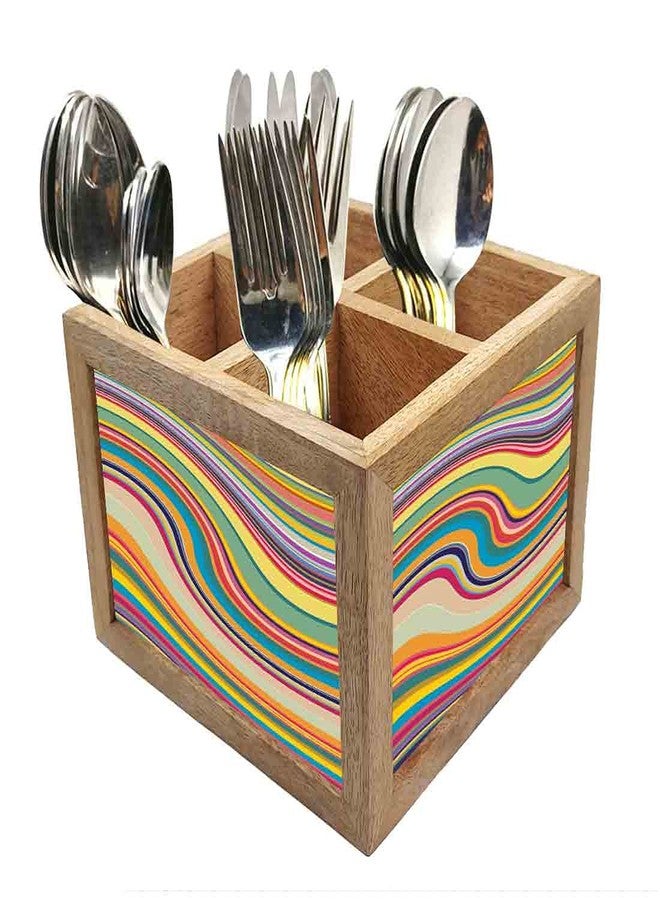 Nutcase Wooden Cutlery Stand Holder Silverware Caddy Spoons Forks Knives Organizer for Dining Table & Kitchen -Made in India-Spoons NOT Included - Coloreful Waves Lines - Image 1